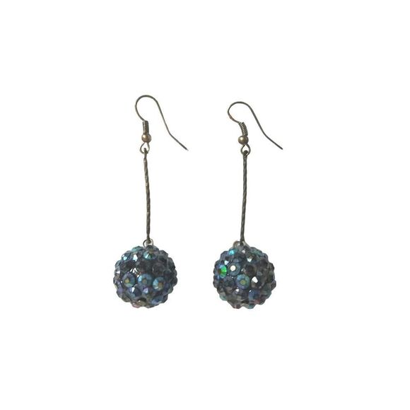 Vintage Sparkling Crystal Disco Ball Dangle Earrings Navy Shamballa Bead - Picture 1 of 2